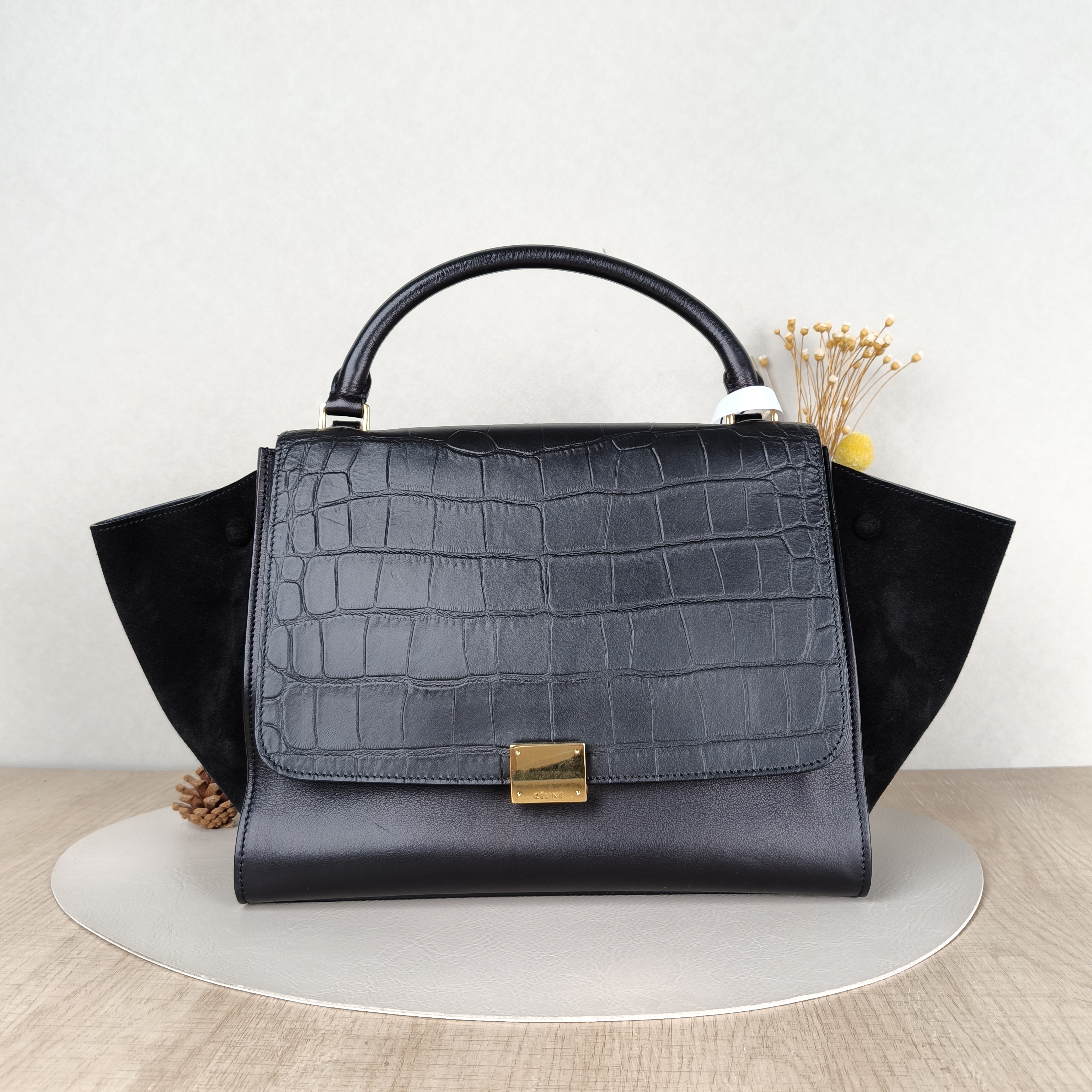 CELINE Crossbody Bag Trapeze Black Suede Medium30 × 15 × 24 cm