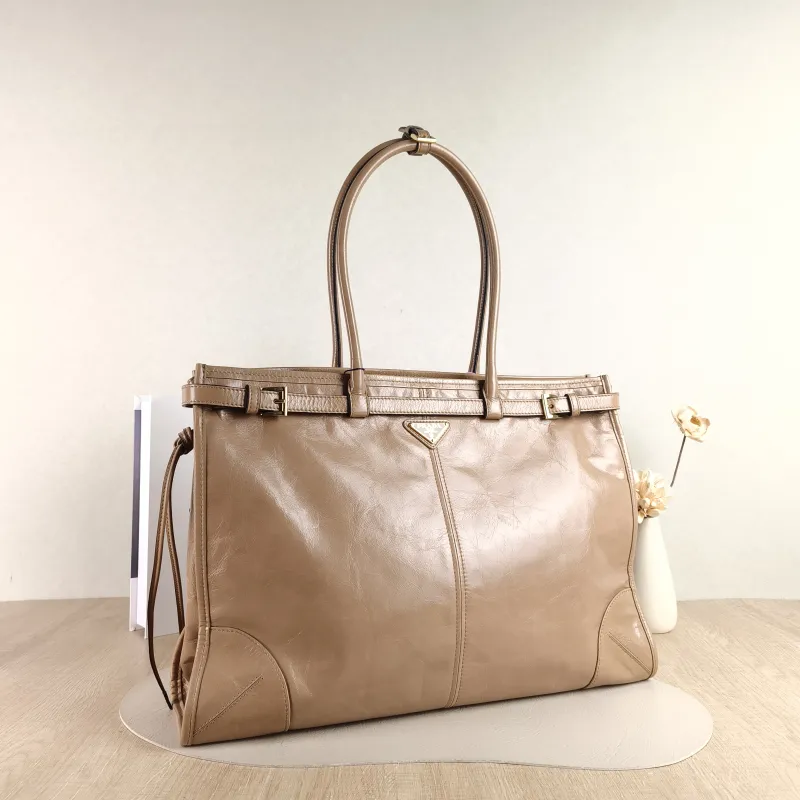 PRADA Shoulder Bag Bonnie Soft Lux Taupe Waxed Leather 42 × 12 × 30 cm — cover view 4 of 4