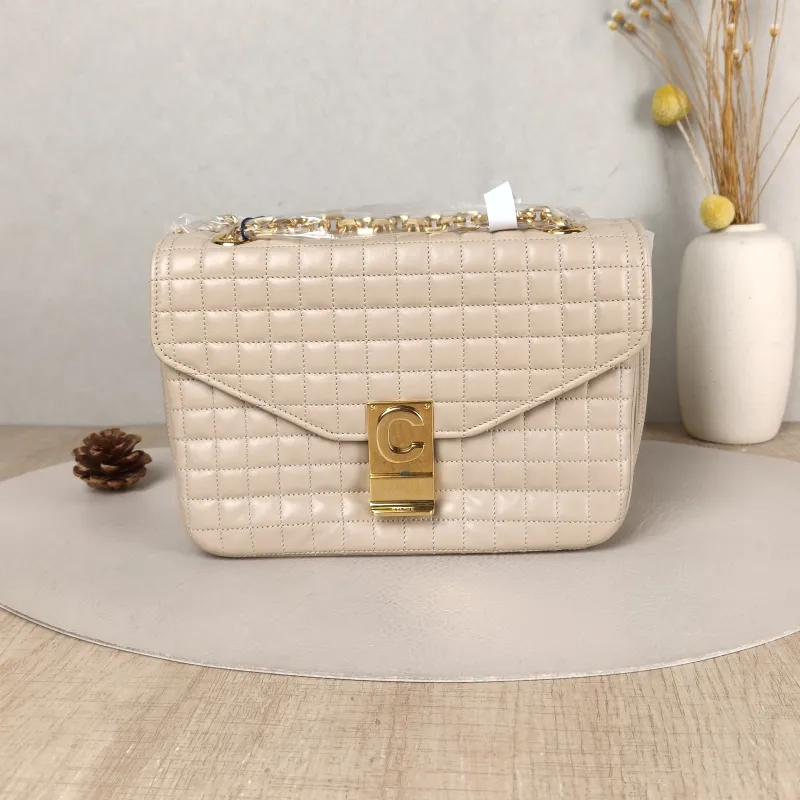 CELINE Crossbody Bag C Bag Chain Bag Beige Calfskin Medium 21.5 × 7 × 15 cm
