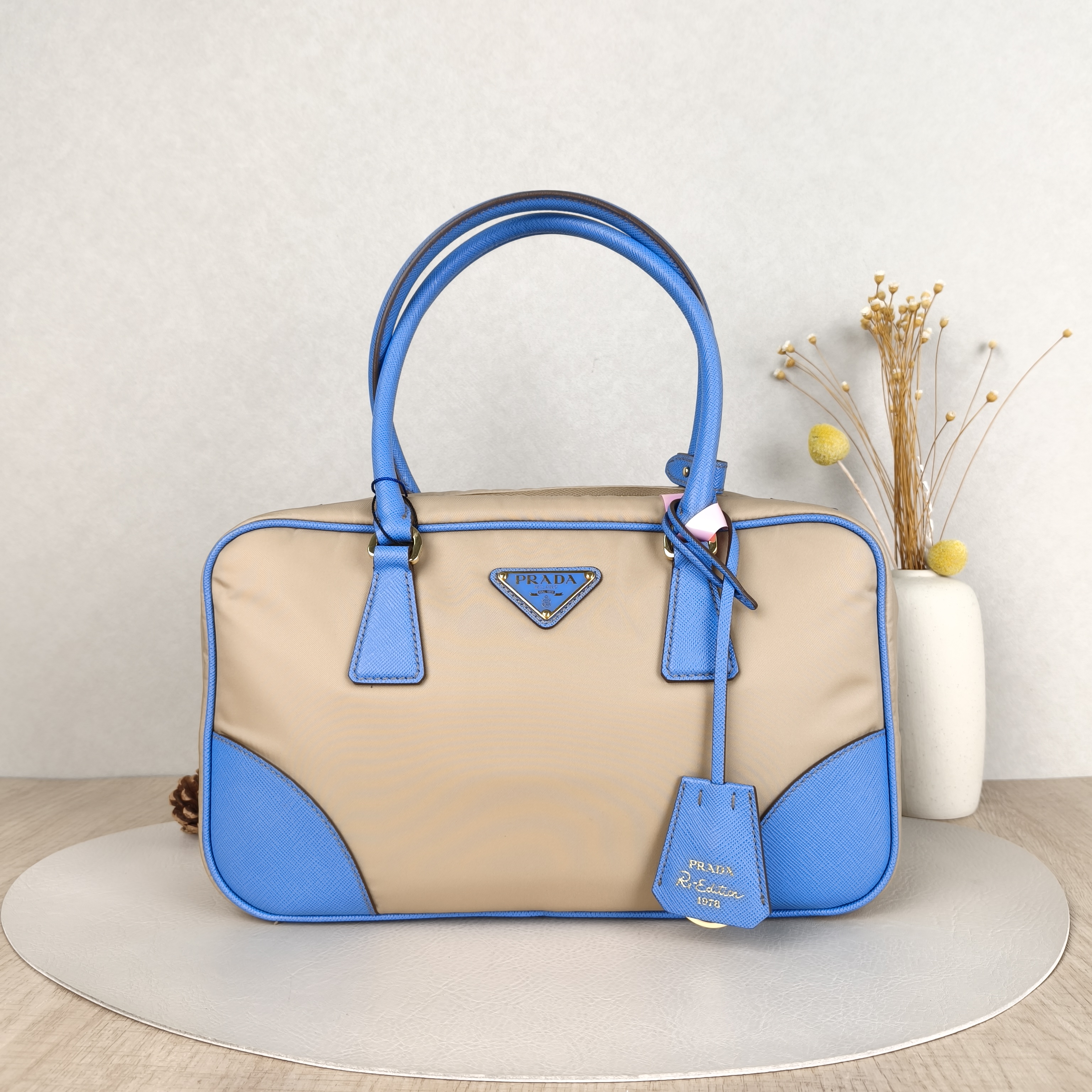 PRADA Top Handle Bag Re-Edition1978 Top Handle Shoulder Crossbody Bag Blue Nylon Calfskin 30 × 9 × 17 cm
