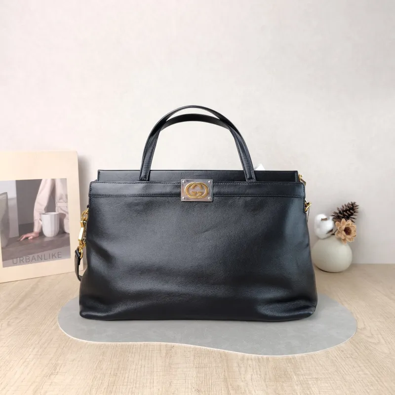 GUCCI Shoulder Bag G Tote Bag Black Calfskin 37 × 10 × 23 cm