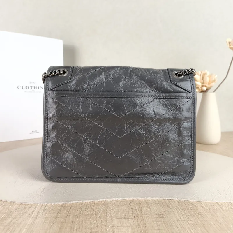 SAINT LAURENT Crossbody Bag Niki D Dark Grey Waxed Leather Calfskin Small 21 × 7.5 × 16 cm — cover view 4 of 5