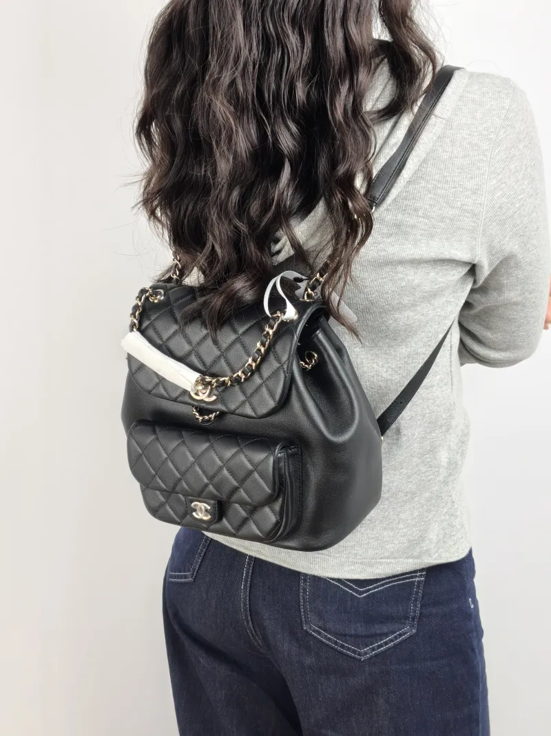Chanel Backpack Duma Black Calfskin Large 21 × 13 × 23 cm — on-model view 3 of 3