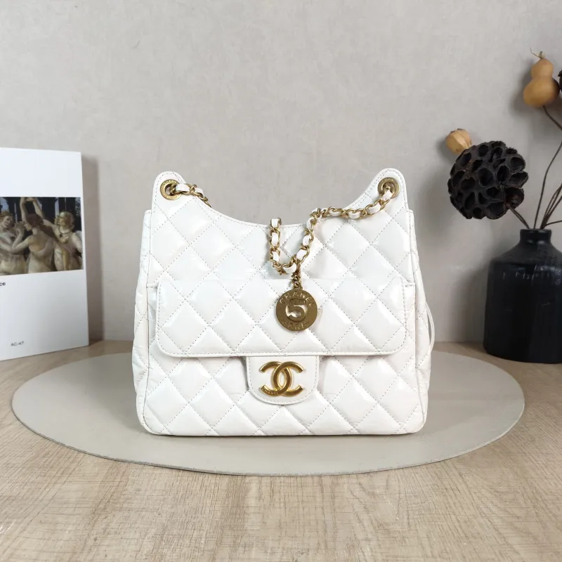 Chanel Crossbody Bag HOBO White Waxed Leather Medium 23 × 8 × 21 cm