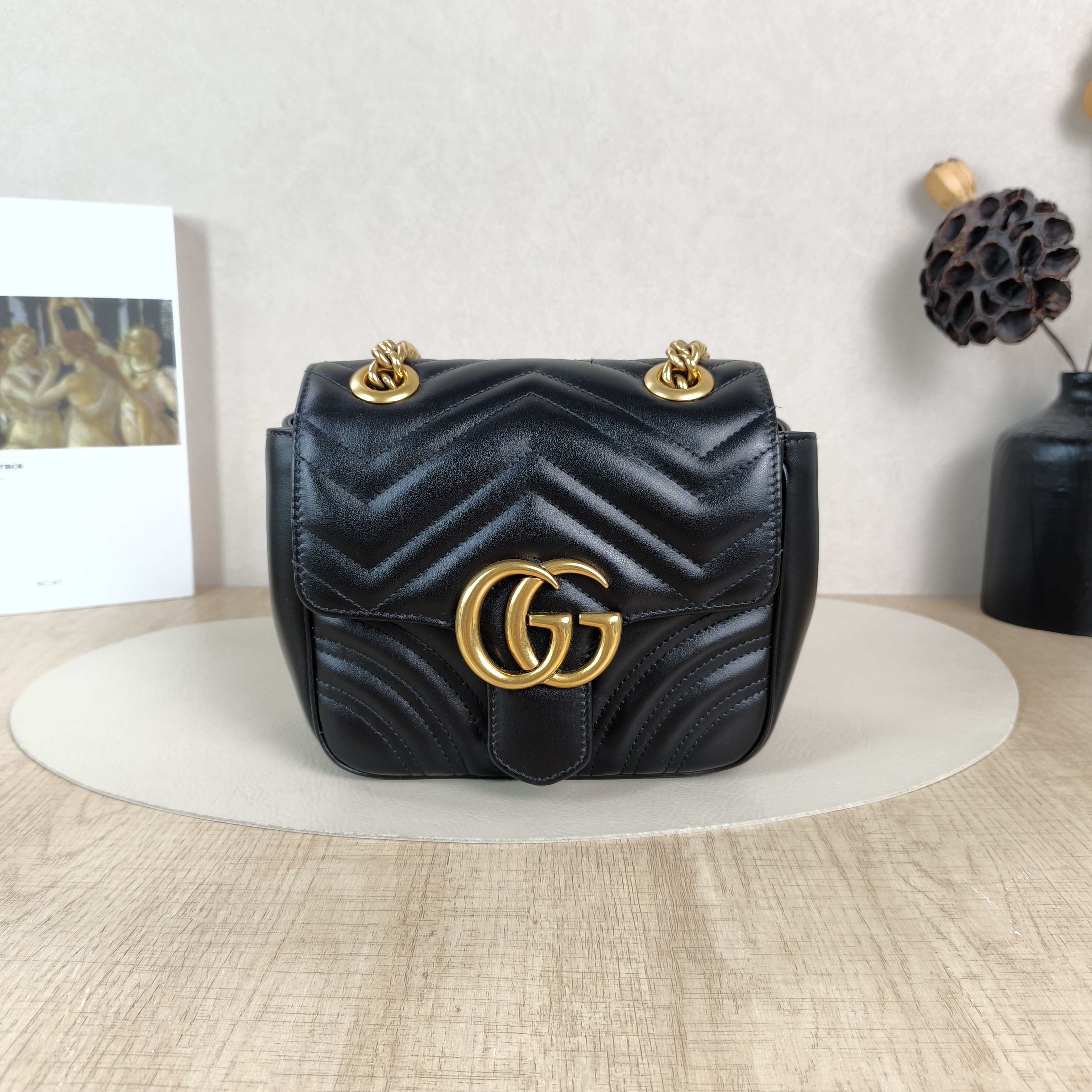 GUCCI Crossbody Bag GG Marmont Marmont Black CC alfskin18 × 8 × 15 cm