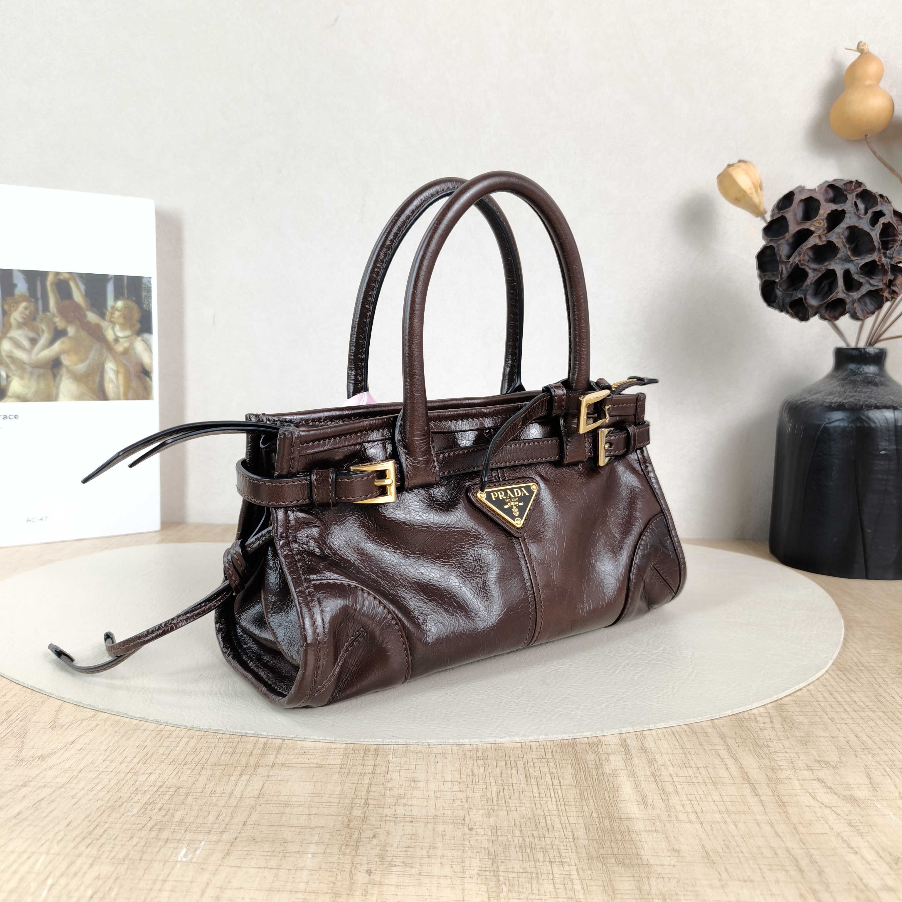 PRADA Top Handle Bag Bonnie Soft Lux Waxed Leather Calfskinmini23.5 × 9 × 12 cm — cover view 6 of 6