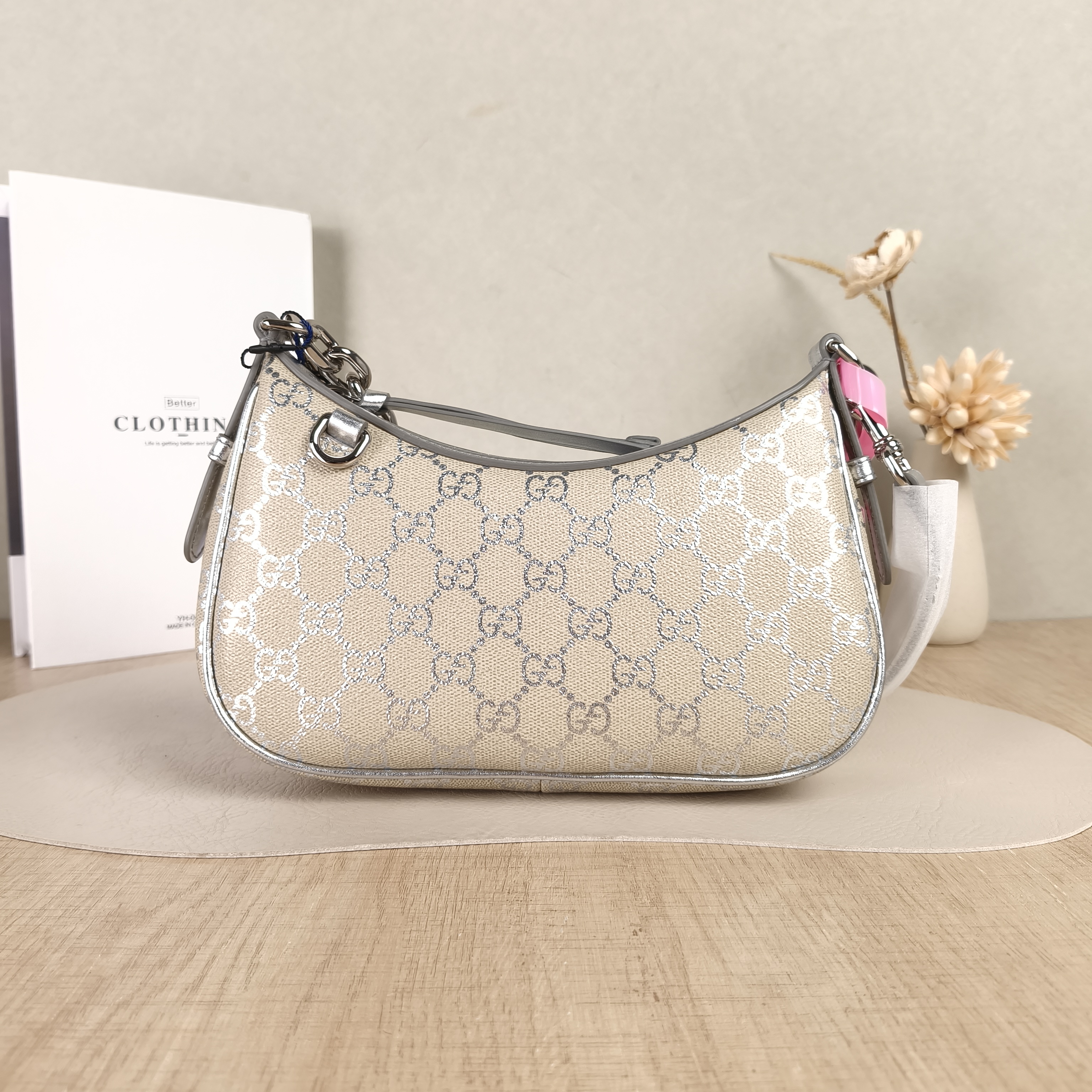 GUCCI Crossbody Bag GG Emblem Shoulder Bag Silver PVC Small24 × 5.5 × 16.5 cm