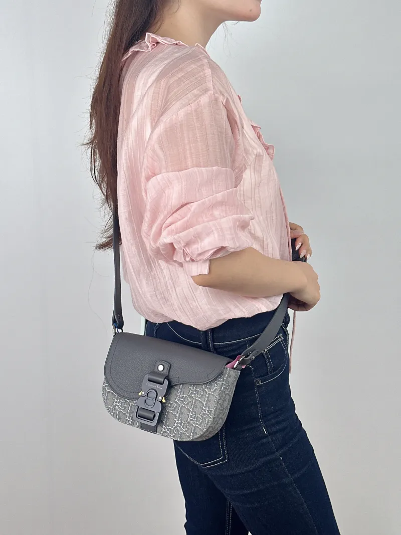 DIOR Crossbody Bag Grey Canvas Mini 20 × 5.5 × 13.5 cm — on-model view 2 of 2
