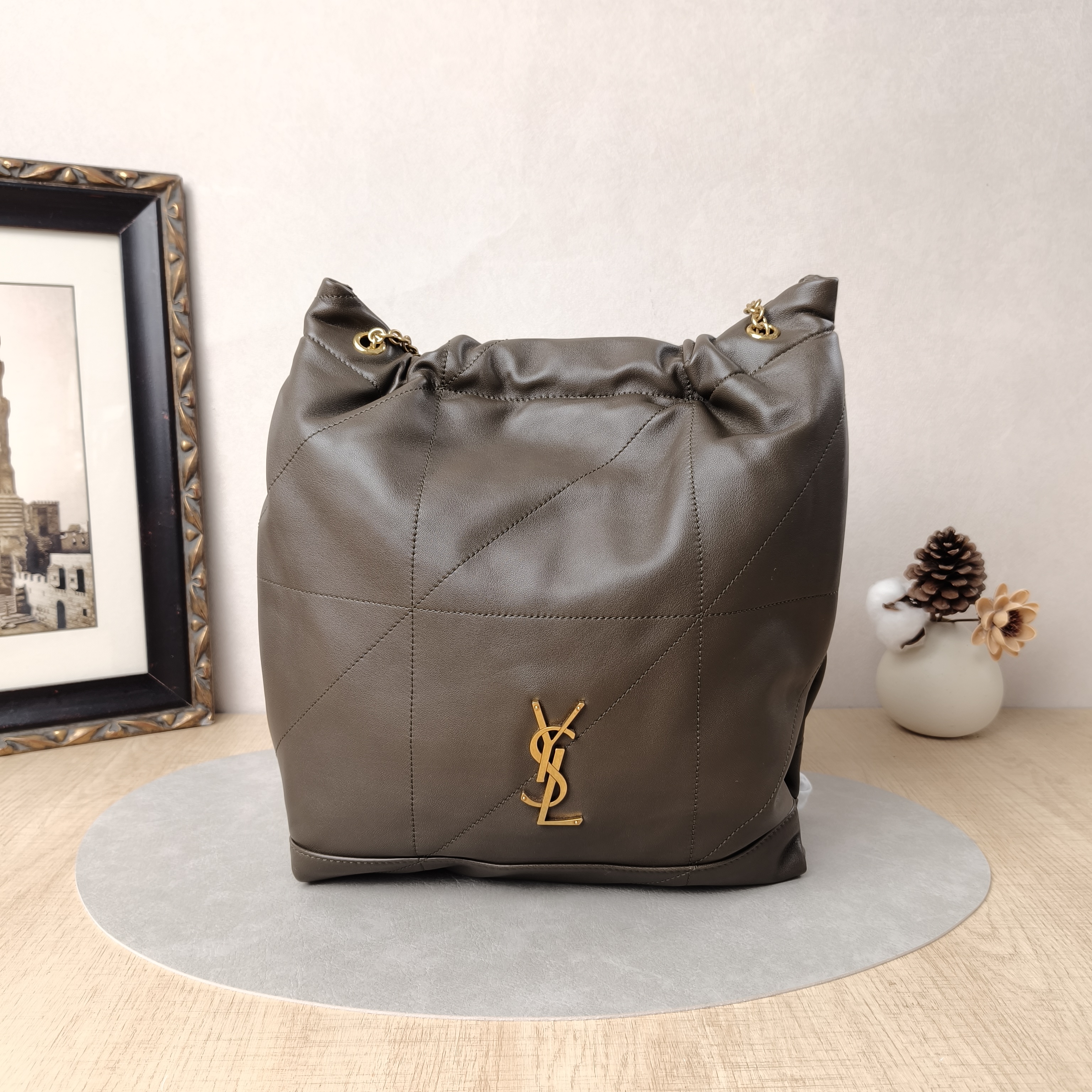 SAINT LAURENT Shoulder Bag JAMIE POCHON Green Lambskin Medium27 × 3 × 34 cm