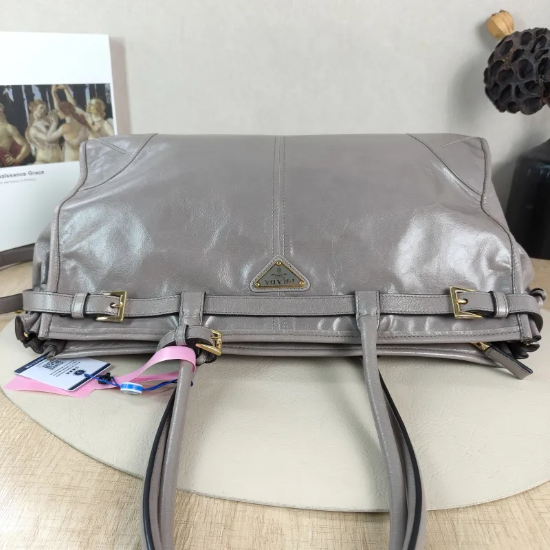 PRADA Shoulder Bag Bonnie Soft Lux Grey Waxed Leather Large 38 × 12 × 24 cm — detail view 7 of 11