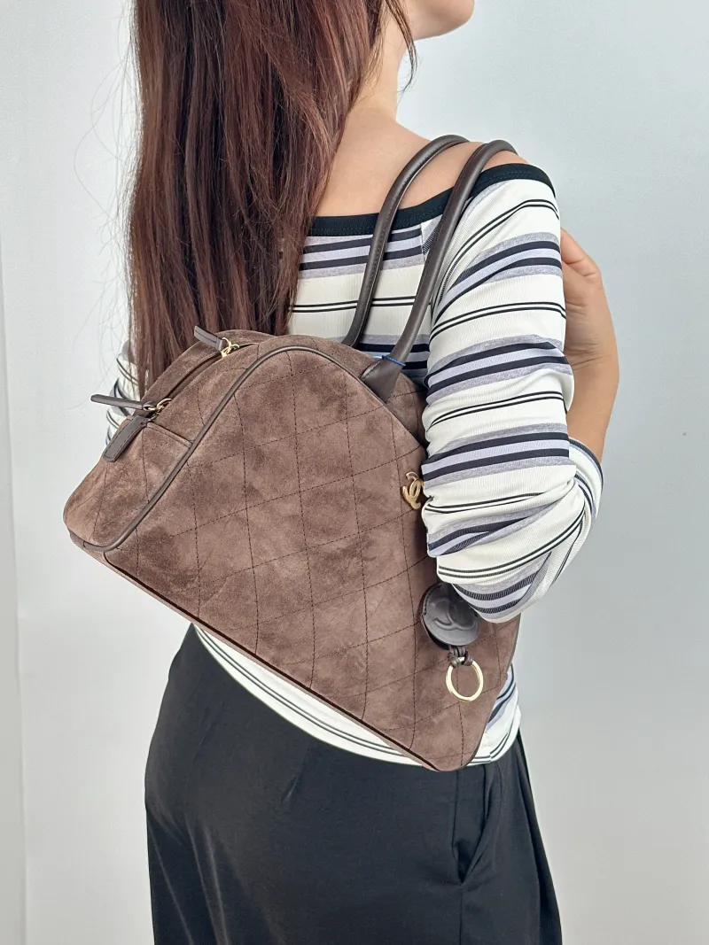 Chanel Shoulder Bag Bowling Bag Brown Suede Medium 30 × 9 × 17 cm — on-model view 2 of 2
