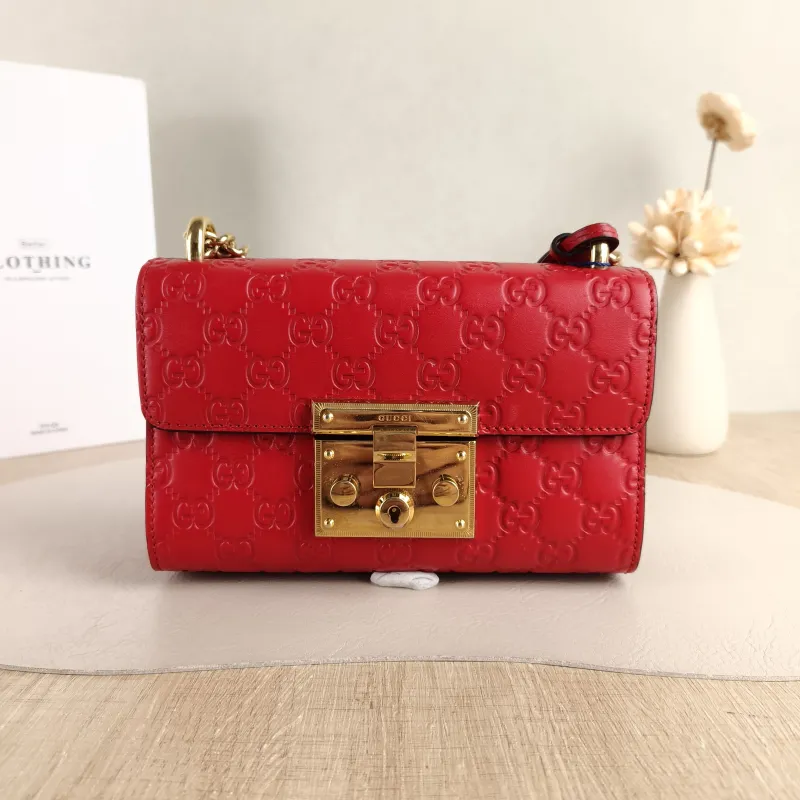 GUCCI Crossbody Bag Padlock Red Calfskin Small 20.5 × 7.5 × 13 cm