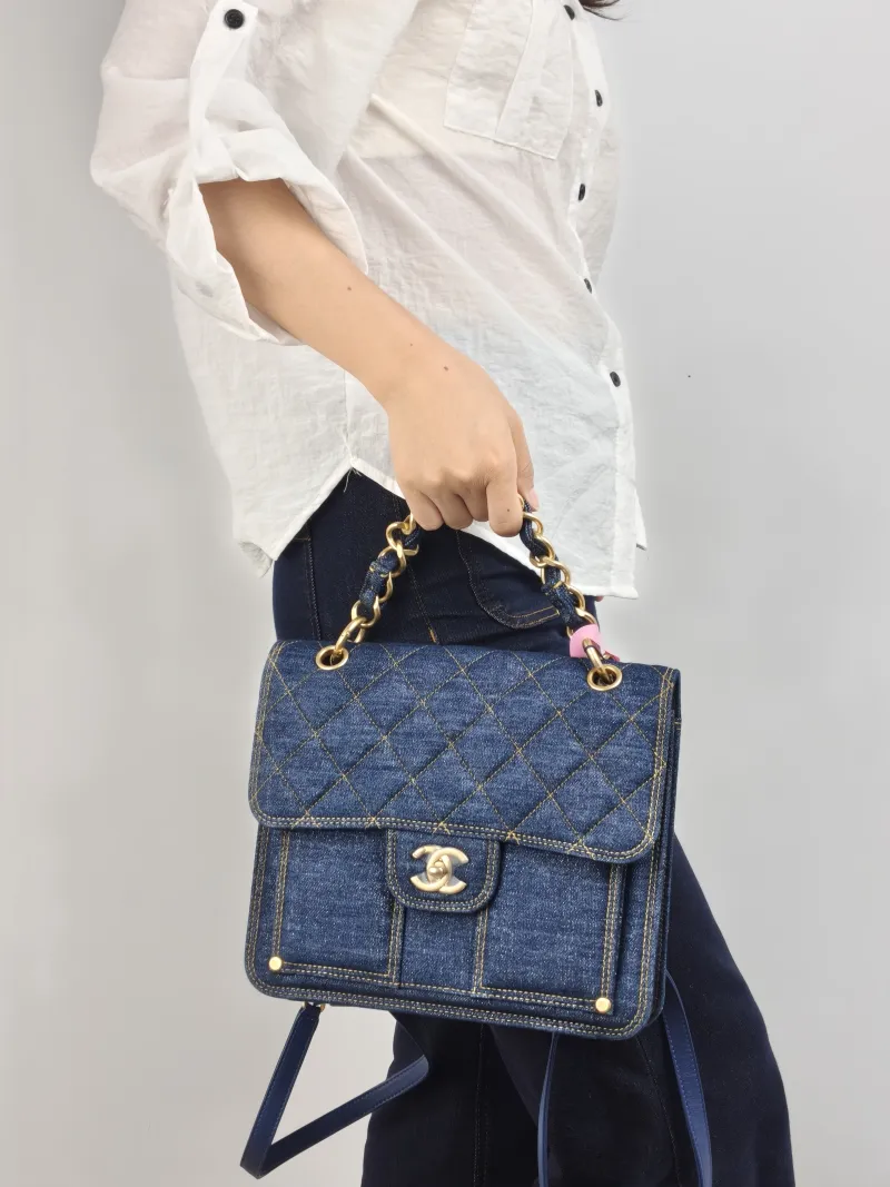 Chanel Backpack Backpack Blue One Size 25 × 6 × 22 cm — on-model view 3 of 3