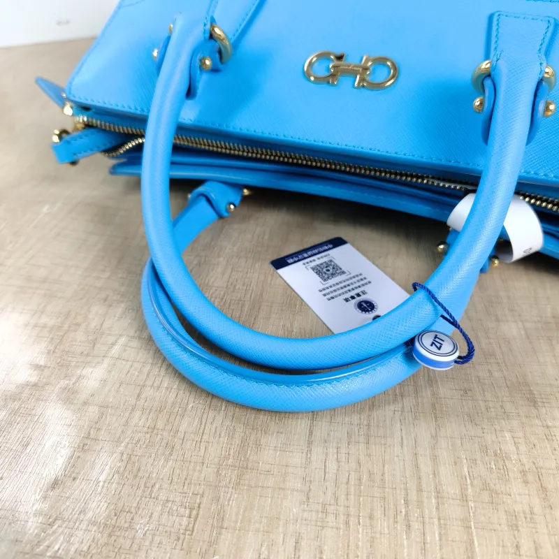 FERRAGAMO Top Handle Bag Tote Bag Blue Calfskin 27 × 14 × 21 cm — detail view 7 of 11