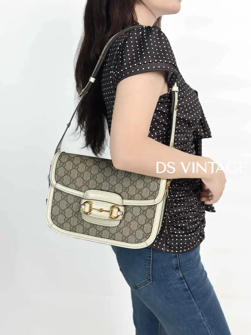 GUCCI Crossbody Bag Horsebit 1955 Horsebit Small White Monogram PVC Small 20.5 × 5 × 14.5 cm — on-model view 3 of 3