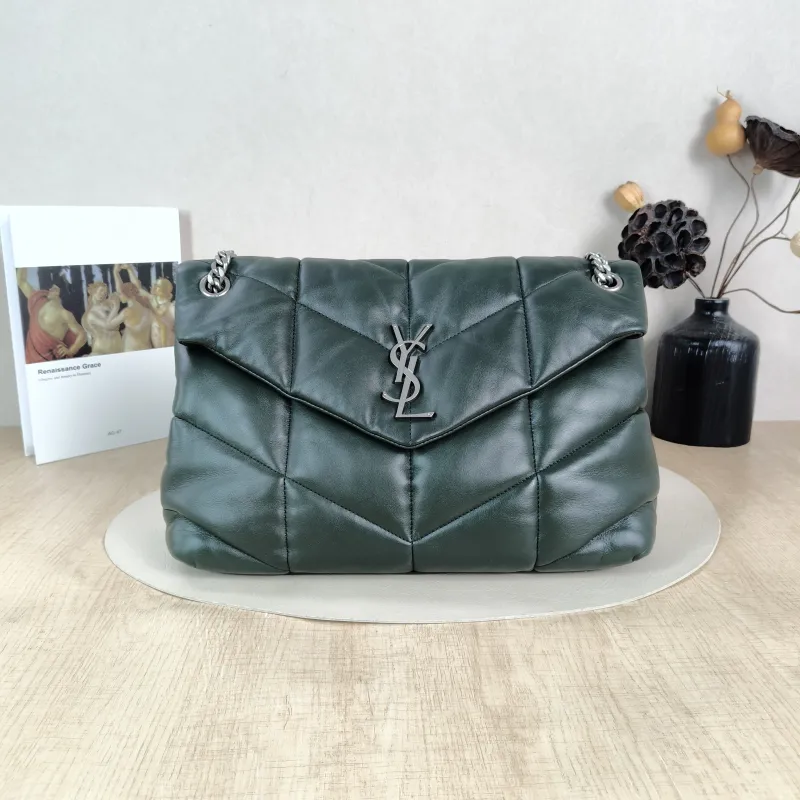 SAINT LAURENT Shoulder Bag PUFFER Green SL ambskin 32 × 13 × 22 cm Conditioned