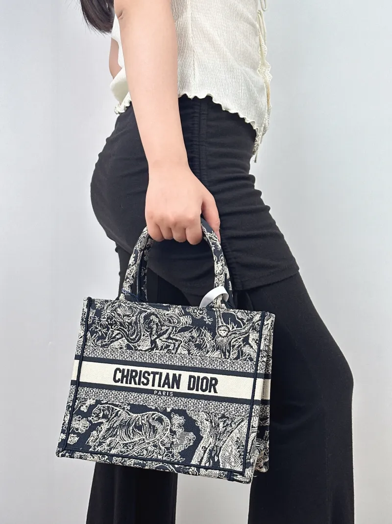 DIOR Top Handle Bag Book Tote Collection · White Blue Canvas Small26.5 × 14 × 22 cm — on-model view 2 of 2