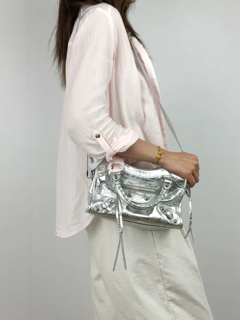 BALENCIAGA Crossbody Bag Classic City Silver Lambskin Mini 24 × 10 × 16 cm — on-model view 3 of 3