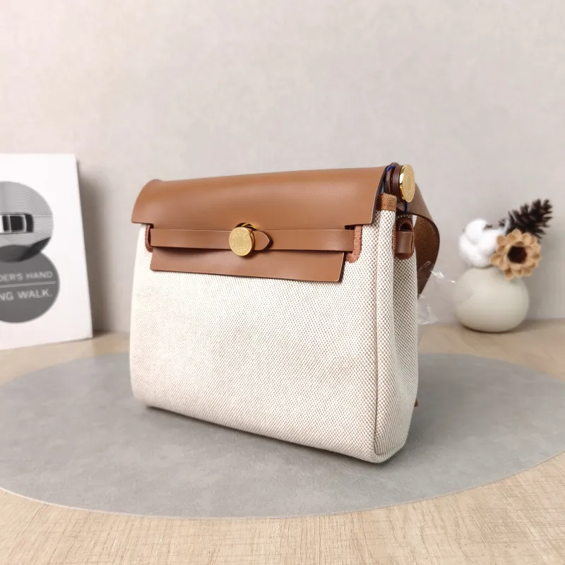 Hermès Crossbody Bag Herbag Zip 20 Beige Brown Calfskin,Canvas Mini 20.5 × 7 × 16.5 cm G — cover view 5 of 6