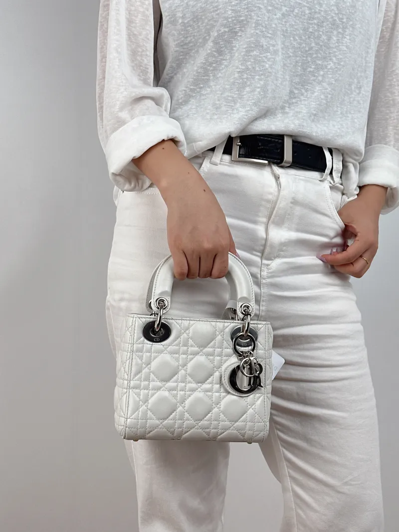 DIOR Crossbody Bag Lady Lady Dior Bag White Lambskin Mini 17 × 7 × 15 cm Conditioned — on-model view 1 of 2