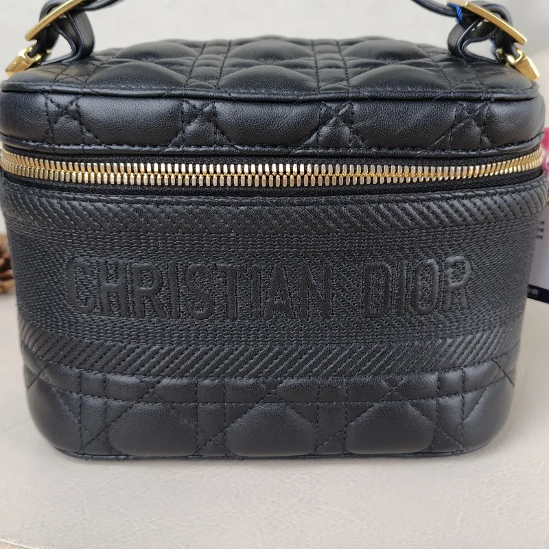 DIOR Top Handle Bag Travel Vanity Cosmetic Bag Black Lambskin Canvas 18.5 × 10 × 14 cm — detail view 10 of 11
