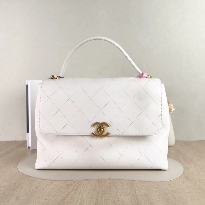 Chanel Top Handle Bag White Calfskin Large 38 × 11 × 27 cm
