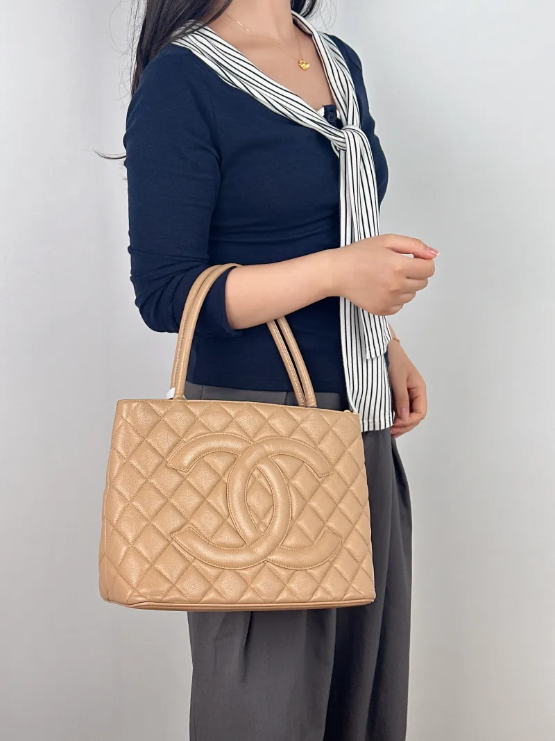Chanel Top Handle Bag Medallion Taupe Grained Calfskin Large 30 × 15 × 24 cm 7 — on-model view 2 of 2