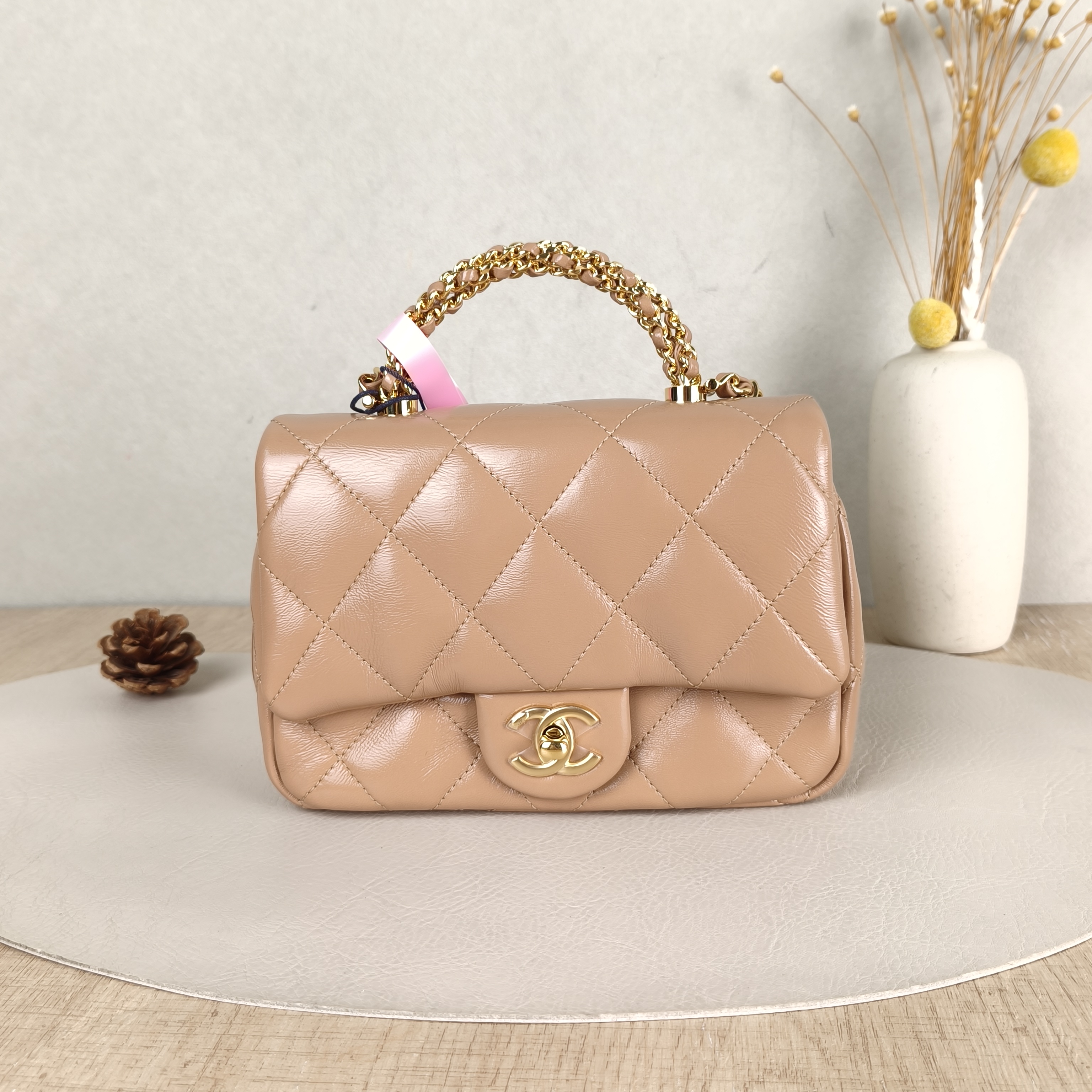 Chanel Crossbody Bag24b Taupe Lambskinmini19 × 8.5 × 14 cm