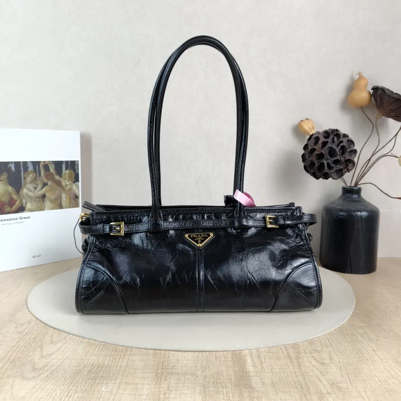 PRADA Shoulder Bag Bonnie Soft Lux Black Waxed Leather Medium 32 × 12 × 15.5 cm