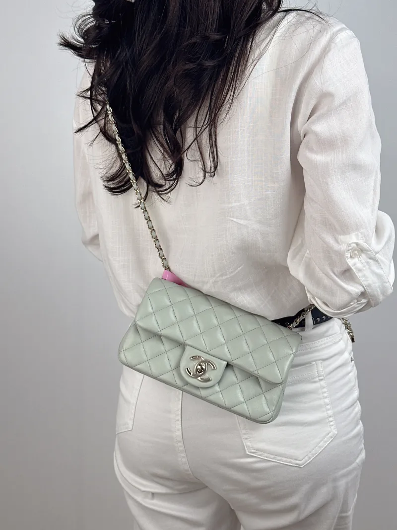 Chanel Crossbody Bag Classic Flap Large Mini CF Mini Green Lambskin C mini 20 × 6 × 12 cm — on-model view 2 of 2