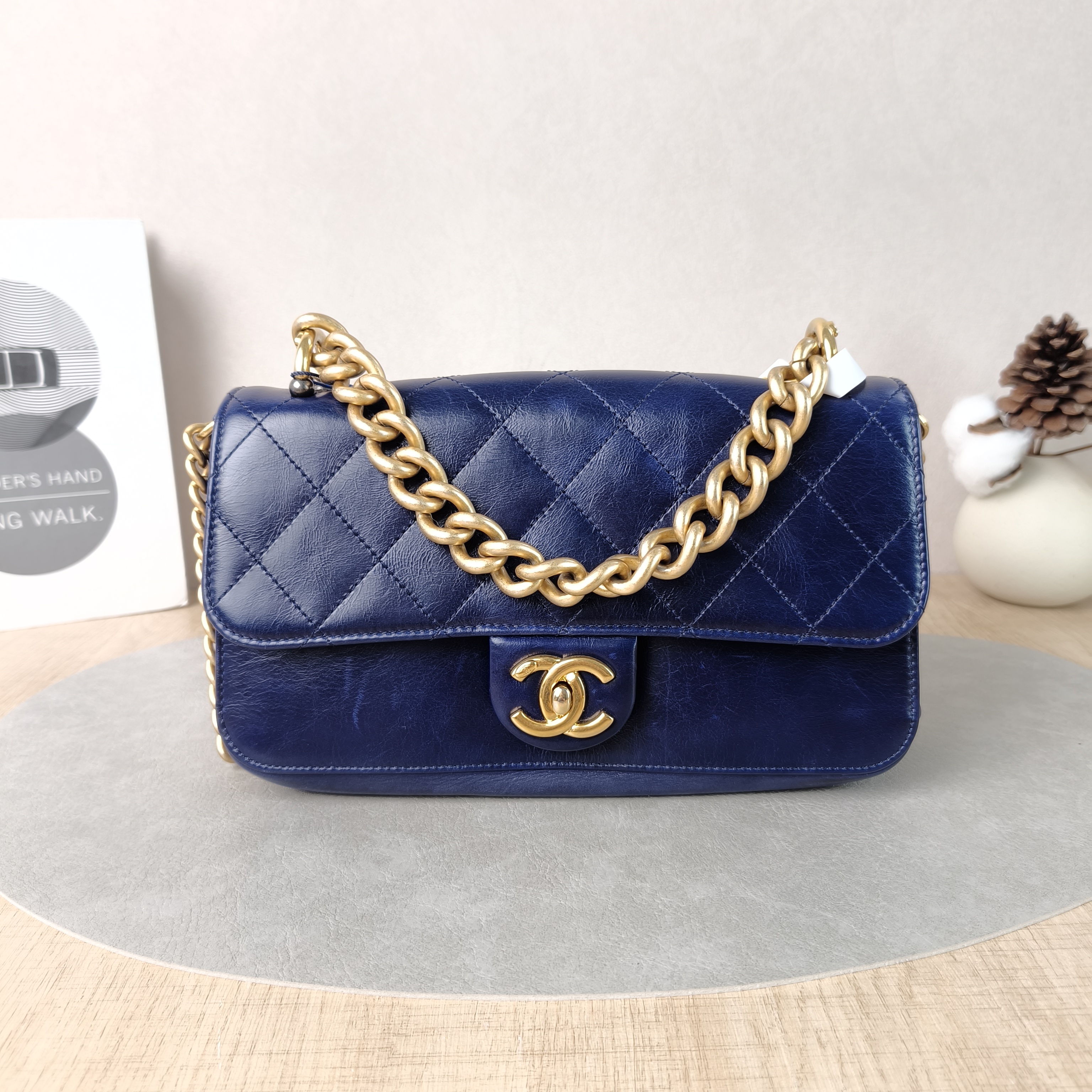Chanel Crossbody Bag Navy Waxed Leather Calfskin One Size24 × 7 × 14 cm