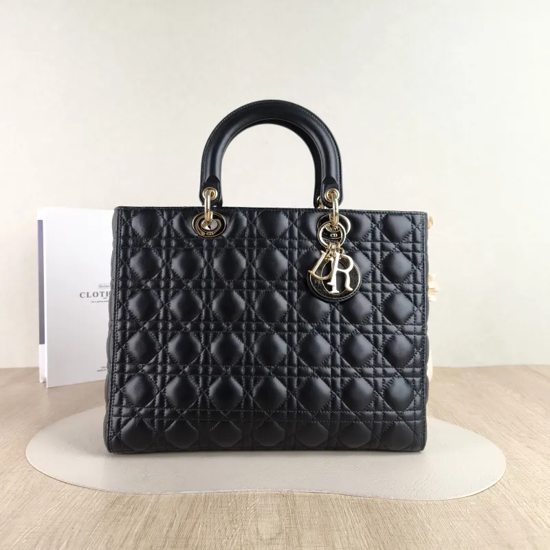 DIOR Top Handle Bag Lady Lady Dior Bag Black Lambskin Large 32 × 11 × 25 cm