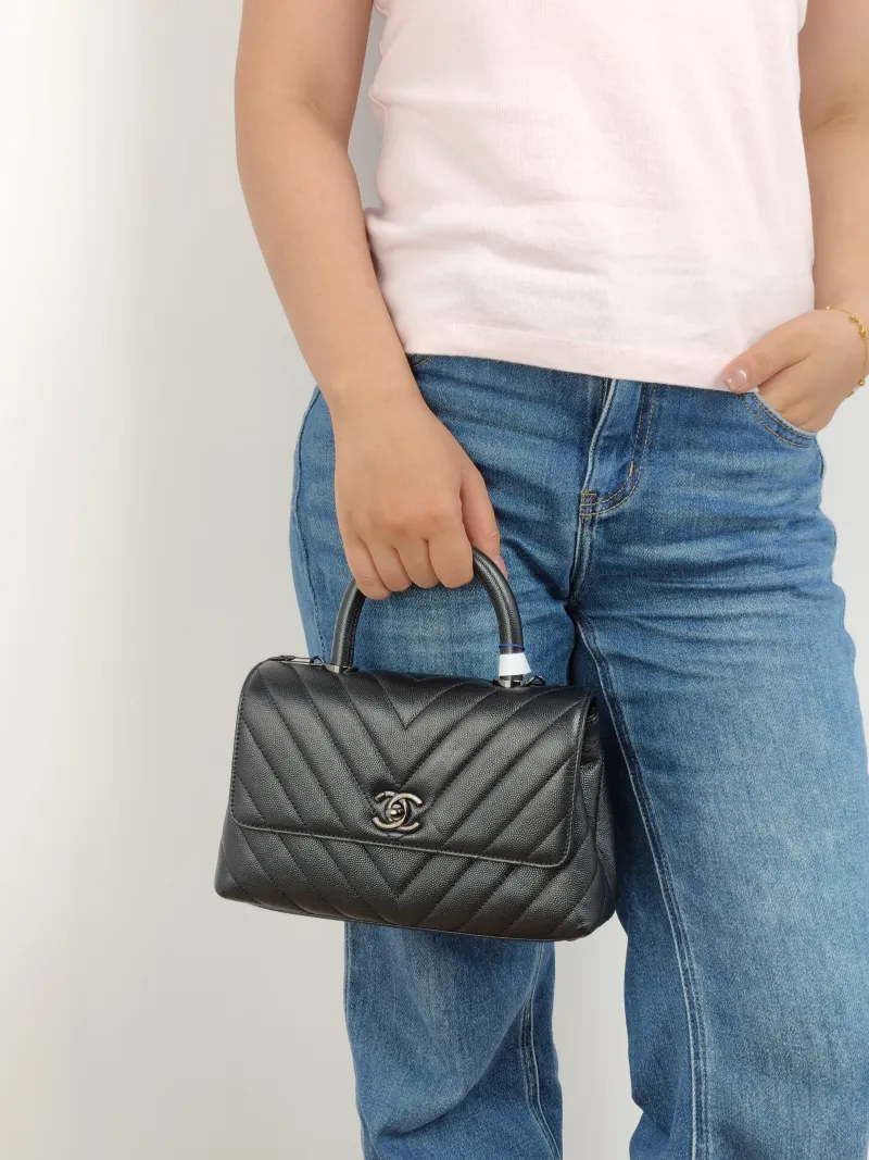 Chanel Top Handle Bag Coco Handle​ v Black Grained Calfskin Small 24 × 10 × 14 cm — on-model view 2 of 2