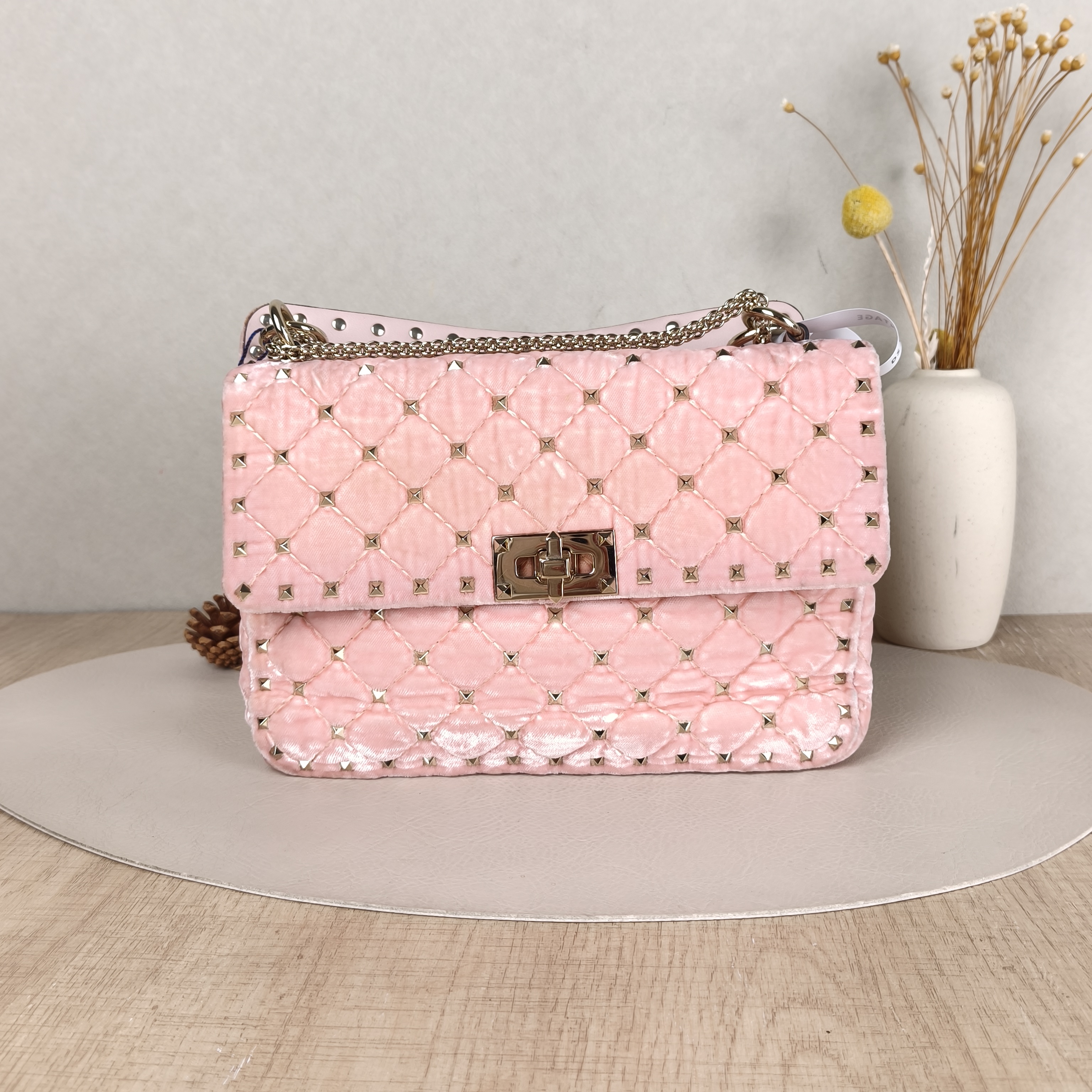 Valentino Shoulder Bag Rockstud Spike Shoulder Bag Pink Velvet Small23 × 6 × 15 cm
