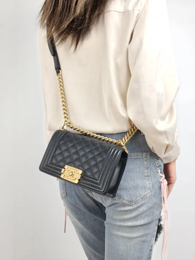 Chanel Crossbody Bag Le Boy​ Black Grained Calfskin Small 20.5 × 8.5 × 12 cm — on-model view 1 of 2