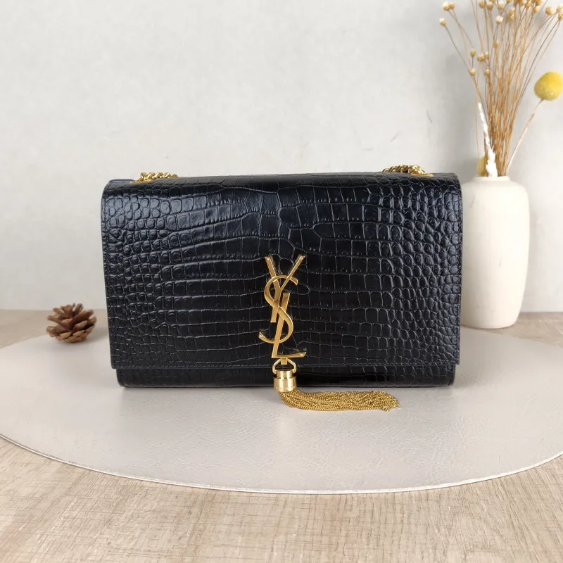 SAINT LAURENT Crossbody Bag KATE Edition Black Calfskin Medium 24 × 5.5 × 14.5 cm