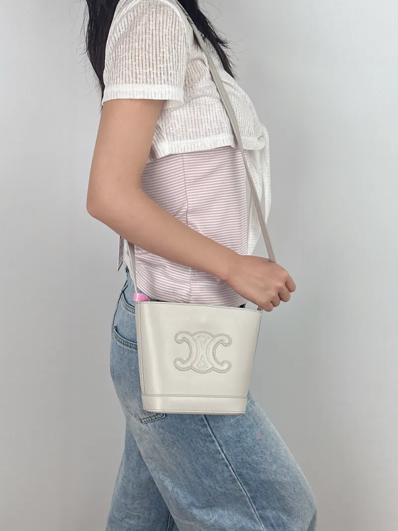 CELINE Shoulder Bag BUCKET TRIOMPHE Bucket Bag White Calfskinmini16 × 7 × 19.5 cm — on-model view 2 of 2