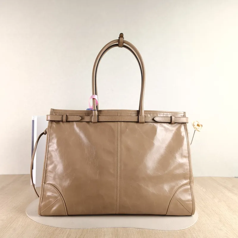 PRADA Shoulder Bag Bonnie Soft Lux Taupe Waxed Leather 42 × 12 × 30 cm — cover view 3 of 4