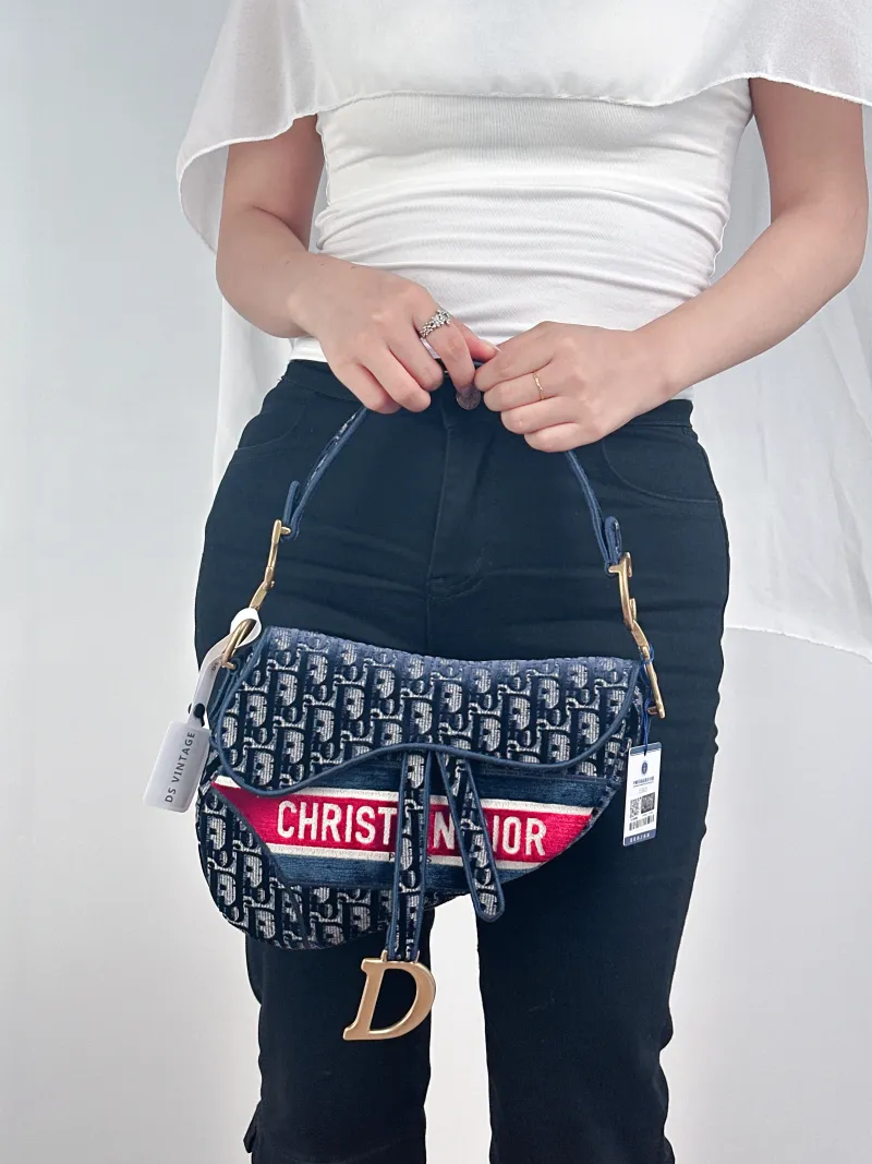 DIOR Top Handle Bag Saddle Blue Canvas Medium25.5 × 6.5 × 20 cm — on-model view 1 of 2