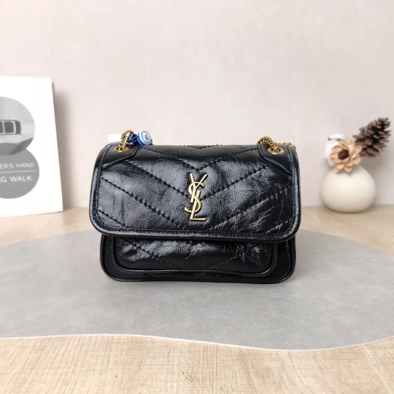 SAINT LAURENT Crossbody Bag Niki Black Waxed Leather Calfskin Mini 18 × 5 × 12.5 cm