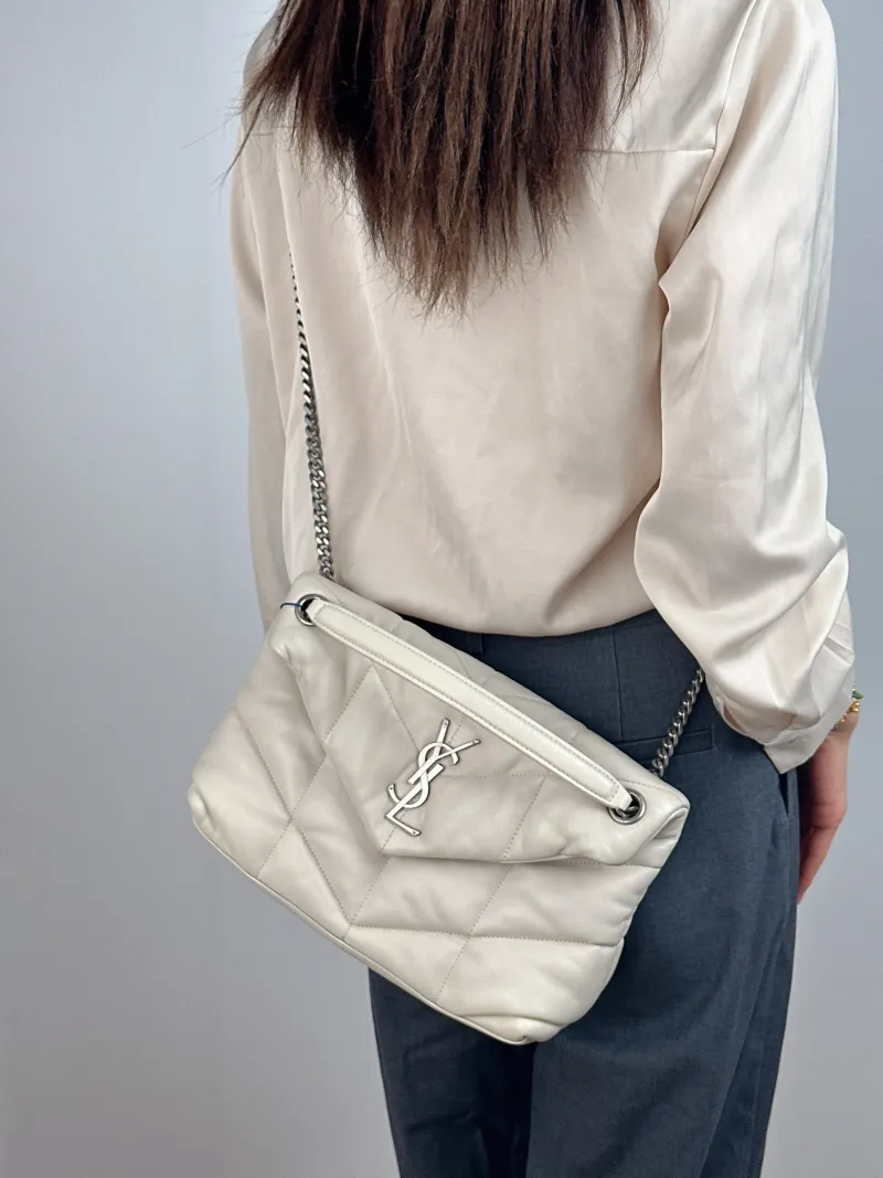 SAINT LAURENT Shoulder Bag PUFFER White Lambskin Small 29 × 11 × 17 cm — on-model view 1 of 2