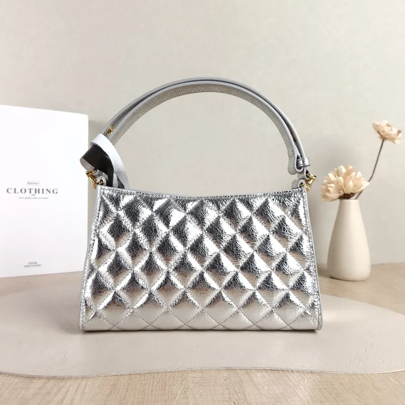 Chanel Shoulder Bag Silver Waxed Leather One Size 23 × 7 × 14 cm