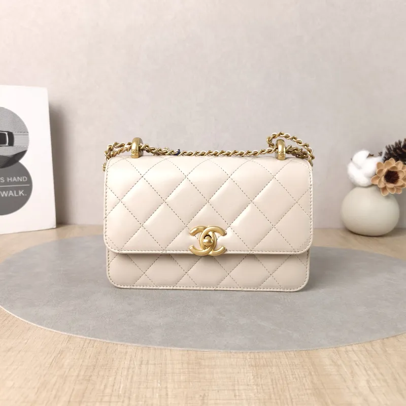 Chanel Crossbody Bag Beige Calfskin Small 19 × 8 × 12 cm