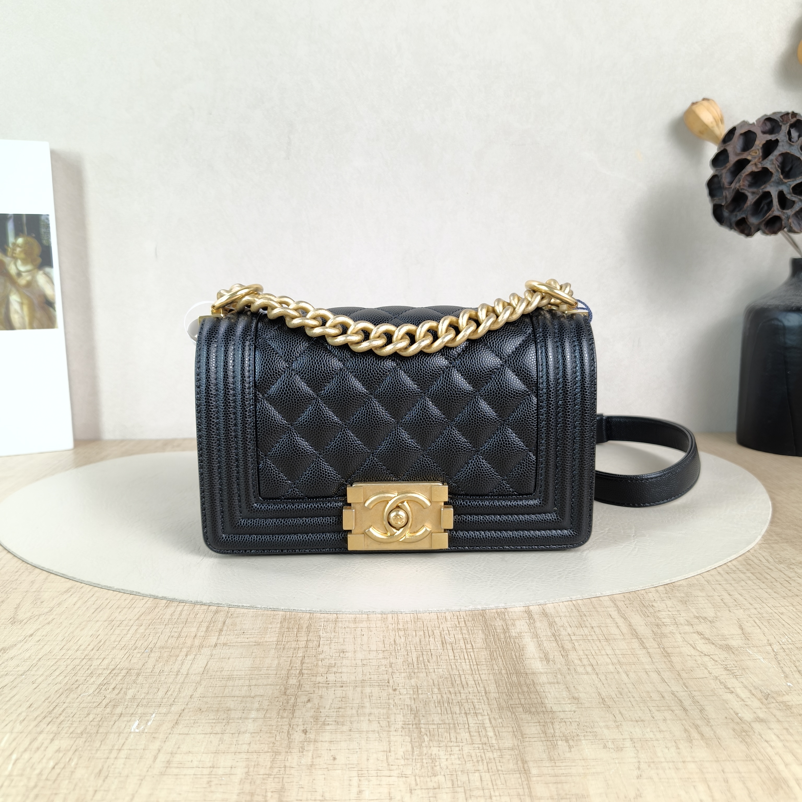 Chanel Crossbody Bag Le Boy​Black Grained Calfskin Small20.5 × 8.5 × 12 cm