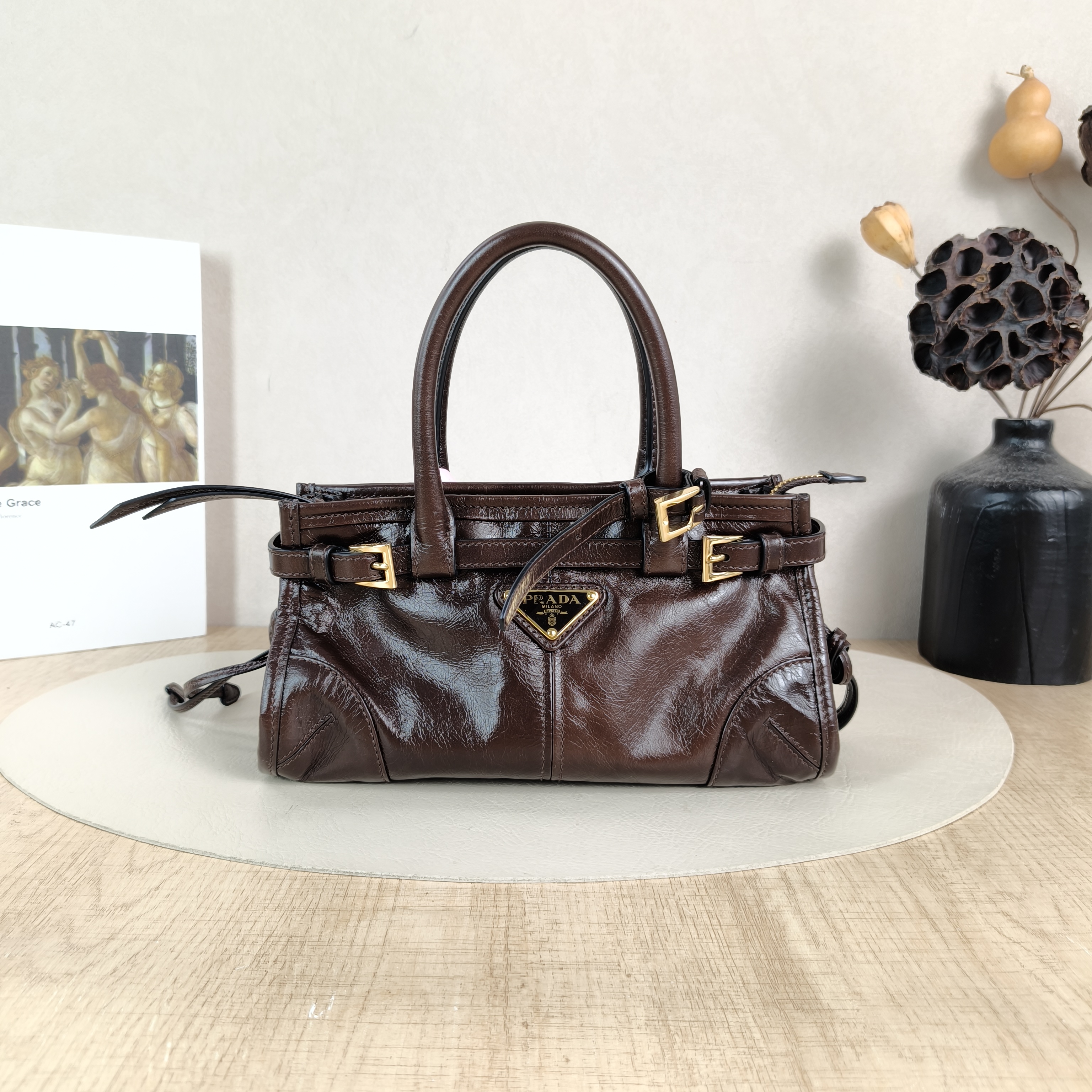 PRADA Top Handle Bag Bonnie Soft Lux Waxed Leather Calfskinmini23.5 × 9 × 12 cm