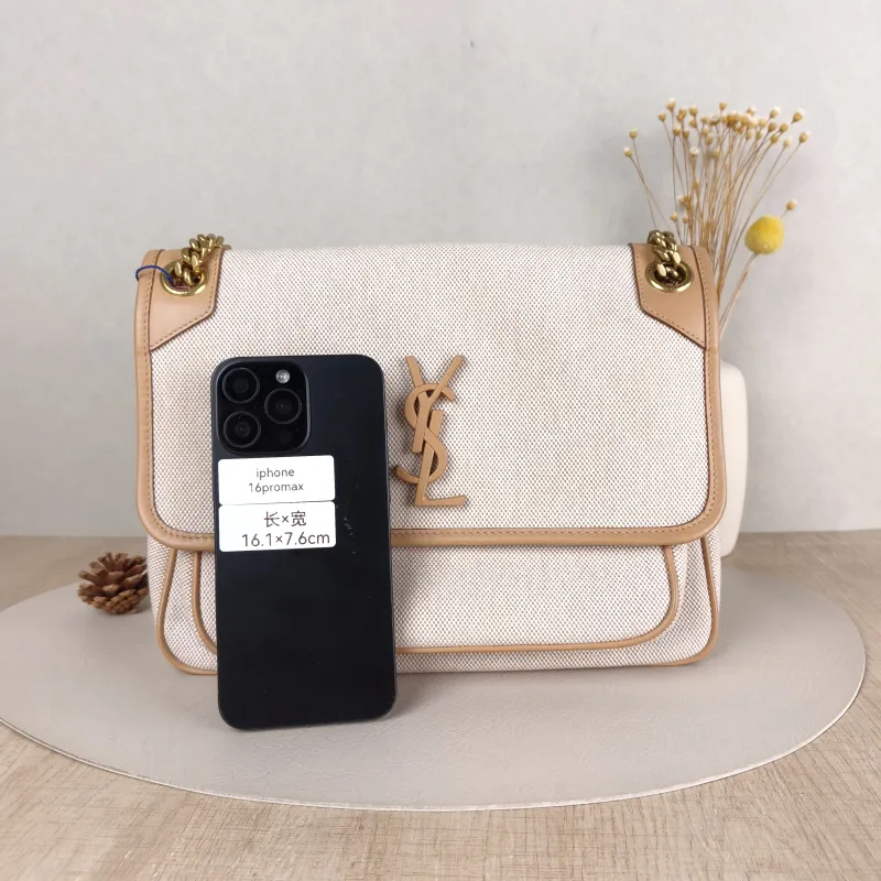 SAINT LAURENT Crossbody Bag Niki D Beige Brown Canvas Medium 28 × 8.5 × 20 cm — cover view 3 of 5