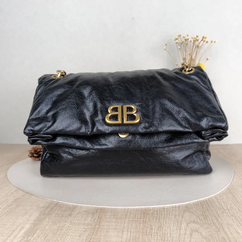 BALENCIAGA Shoulder Bag MONACO Chain Bag Black Calfskin Medium 34 × 15 × 24 cm