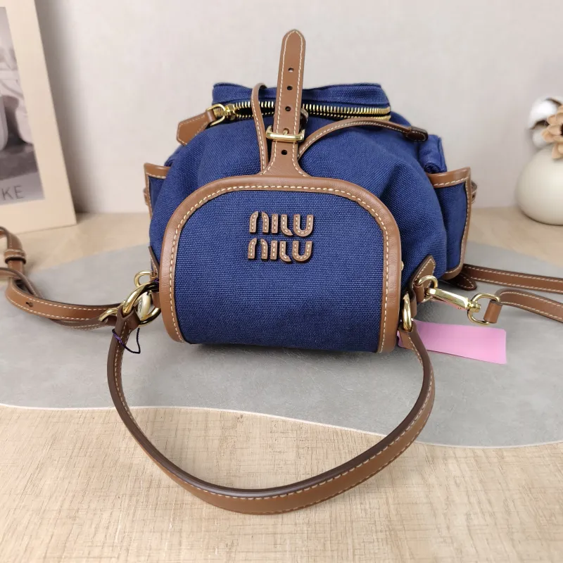 Miumiu Backpack Backpack Blue Brown Canvas Medium 18 × 11.5 × 22 cm — detail view 4 of 11