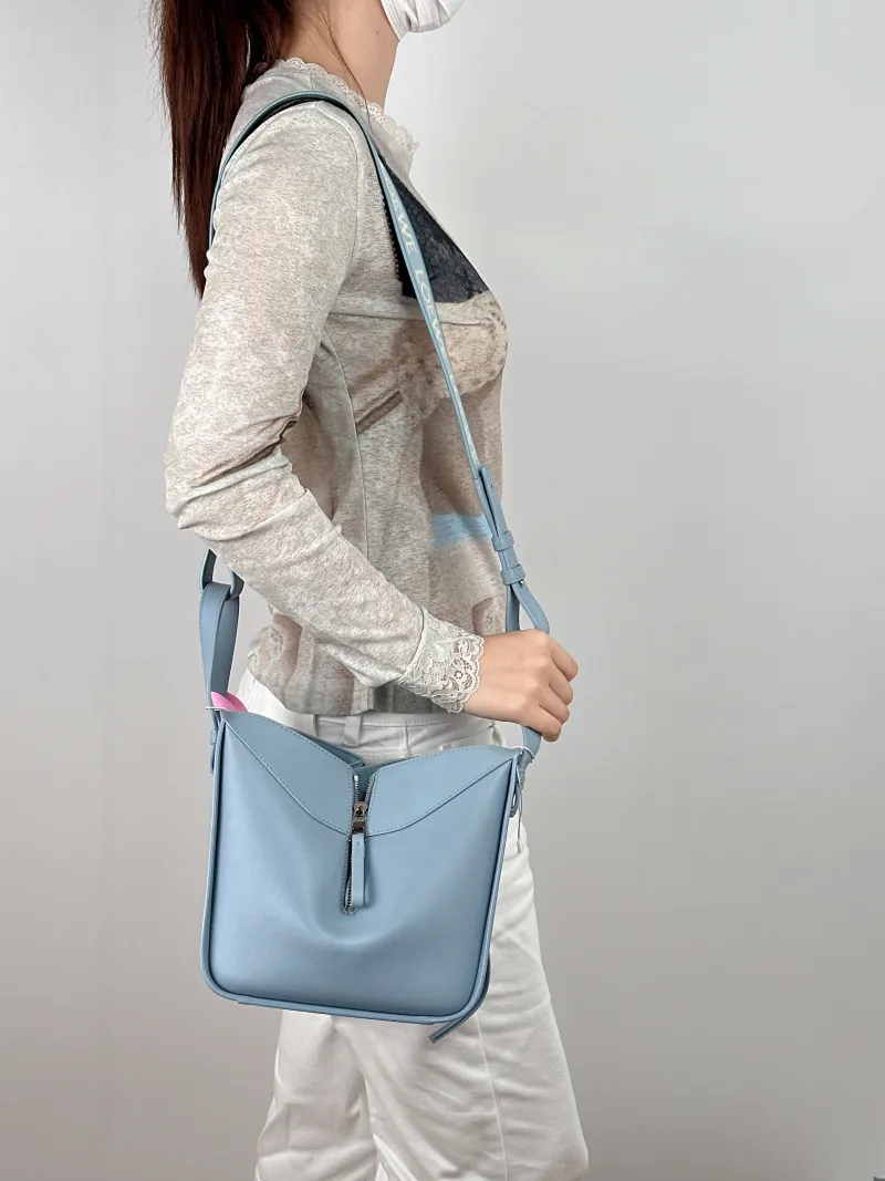LOEWE Shoulder Bag Hammock Blue Calfskin Small 20 × 14.5 × 21 cm — on-model view 2 of 2