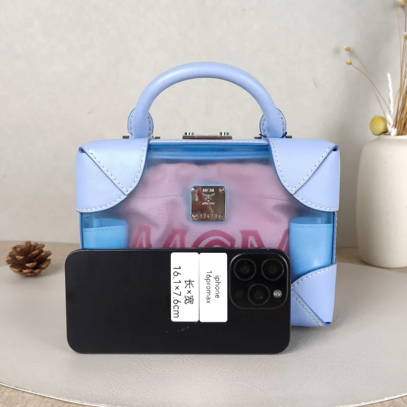 MCM Crossbody Bag Soft Berlin Visetos Box Top Handle Crossbody Bag Blue PVC Pink Canvas 19 × 8 × 14 cm — cover view 2 of 5